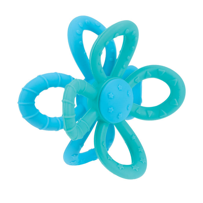 The Nuby Fun Loops Teether | Blue/Aqua is a flower-shaped silicone teether with textured loops and a handle, designed for babies to easily grip and chew for soothing teething relief.