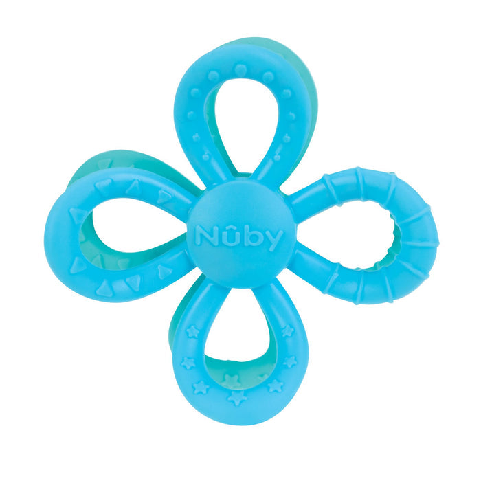 The Nuby Fun Loops Teether | Blue/Aqua is a blue, flower-shaped silicone teether with four textured petals for teething relief and "Nuby" featured at the center.