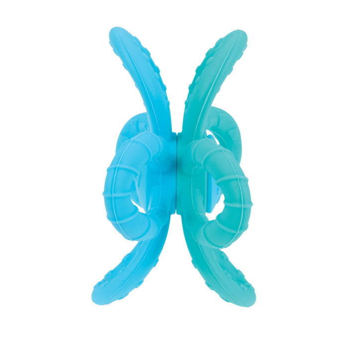The Nuby Fun Loops Teether in Blue/Aqua is a silicone dog chew toy with interlocking curved arms and textured surfaces for teething relief, shown on a white background.