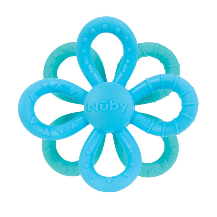 The Nuby Fun Loops Teether in blue/aqua features flower-shaped silicone with textured loops and "Nuby" at the center, designed to soothe infants’ gums and provide gentle teething relief.