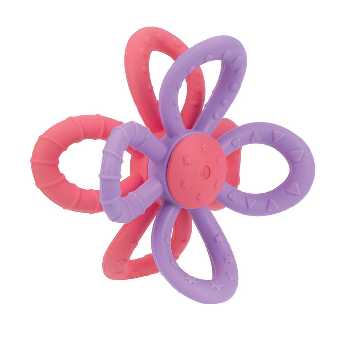 The Nuby Fun Loops Teether in Pink/Purple is a flower-shaped, silicone baby toy with soft, textured loops for easy gripping and gentle teething relief.