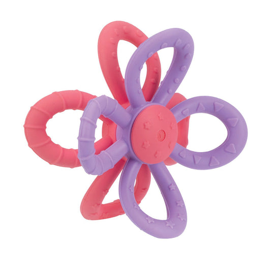 The Nuby Fun Loops Teether in Pink/Purple is a flower-shaped, silicone baby toy with soft, textured loops for easy gripping and gentle teething relief.