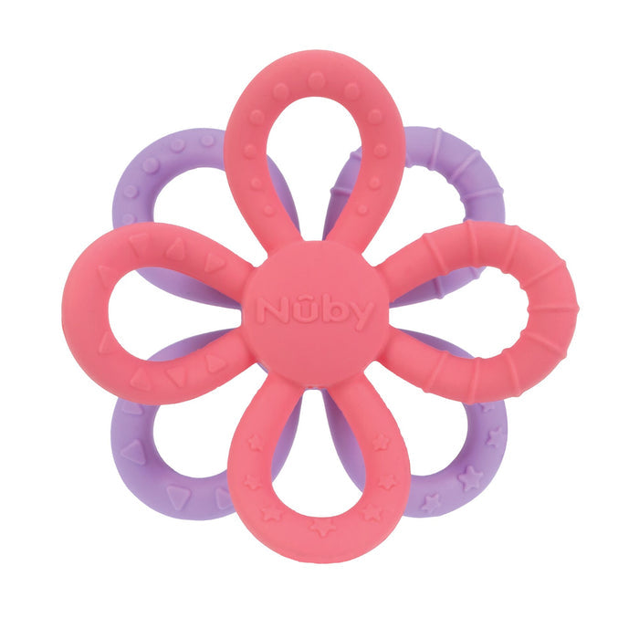 The Nuby Fun Loops Teether in pink and purple features textured silicone loops and a flower shape, with “Nuby” embossed in the center, offering soothing teething relief.