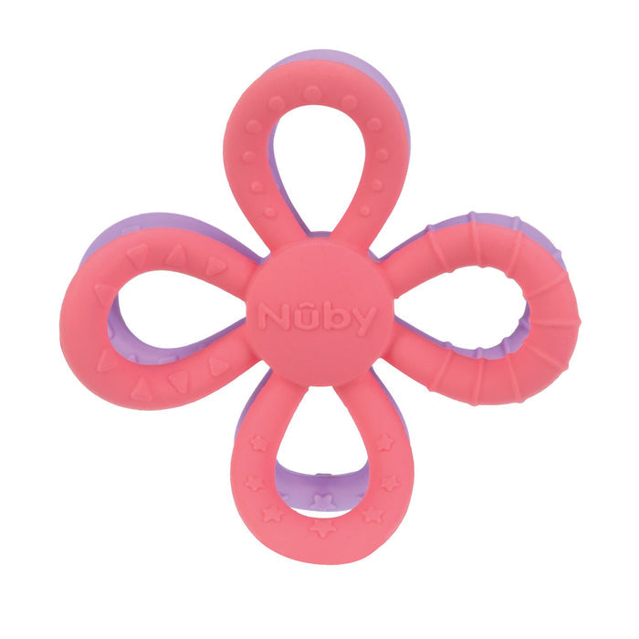 The Nuby Fun Loops Teether in pink and purple features textured loops and a flower-shaped design, offering soothing relief for babies during teething.