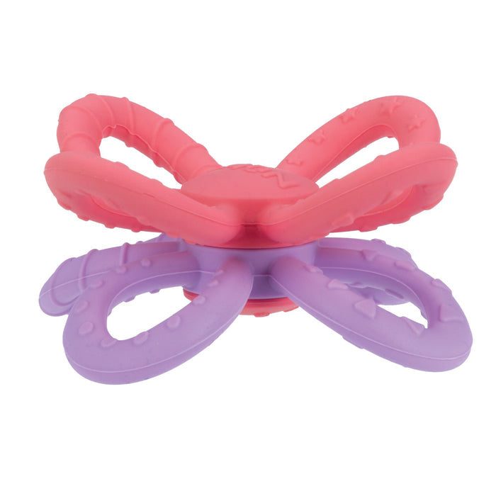 The Nuby Fun Loops Teether in Pink/Purple is a butterfly-shaped silicone teether with textured surfaces, providing gentle relief for baby's sore gums.