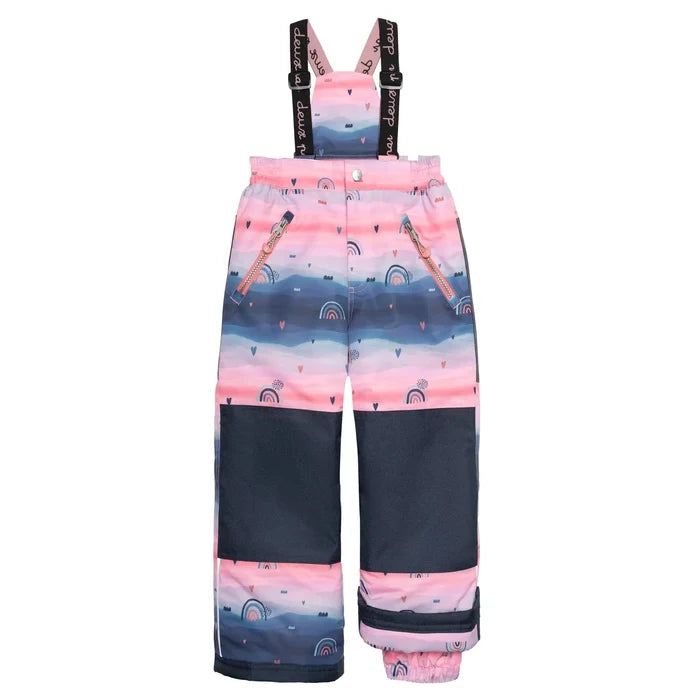 Deux par Deux girls printed snow pants with adjustable suspenders front view