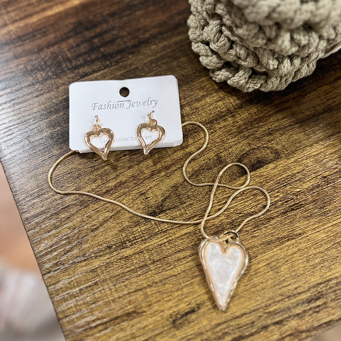 Glossy Stone Heart Necklace & Earrings