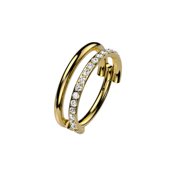 Gold Titanium Double Hoop Single Pave CZ Hinged Ring 8mm / Cubic Zirconia / Gold Hinged Ring