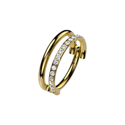 Gold Titanium Double Hoop Single Pave CZ Hinged Ring 8mm / Cubic Zirconia / Gold Hinged Ring