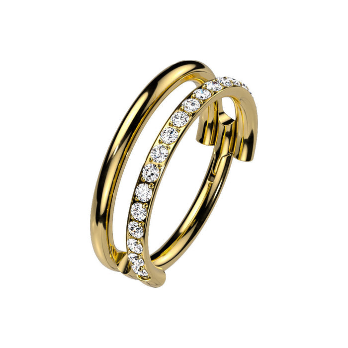 Gold Titanium Double Hoop Single Pave CZ Hinged Ring 10mm / Cubic Zirconia / Gold Hinged Ring