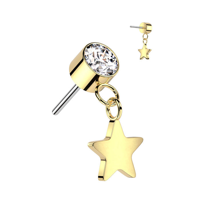Gold Titanium Dangly Star CZ Threadless Top Gold / F-136 Titanium