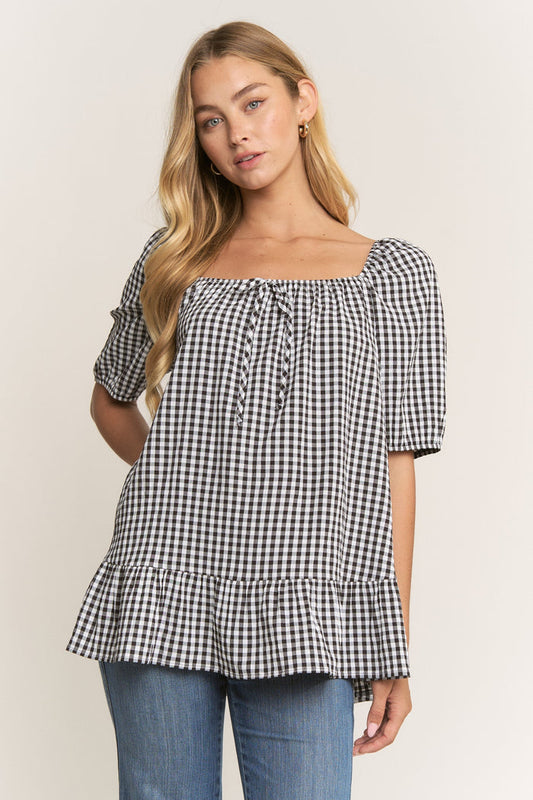 Gorgeous in Gingham Black & White Puff Sleeve Top