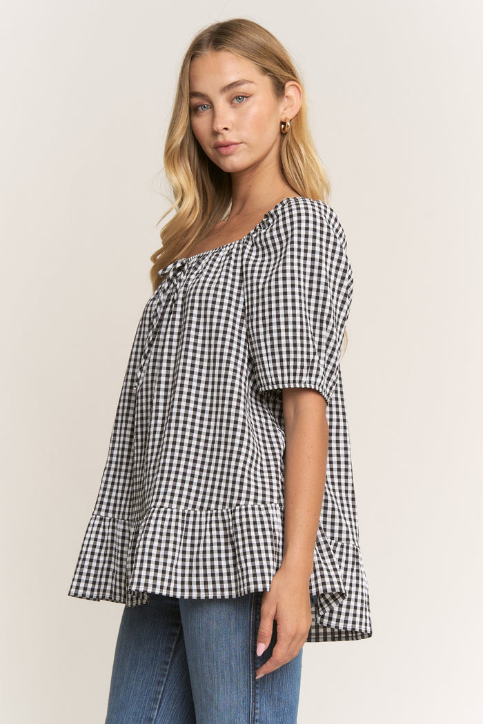 Gorgeous in Gingham Black & White Puff Sleeve Top