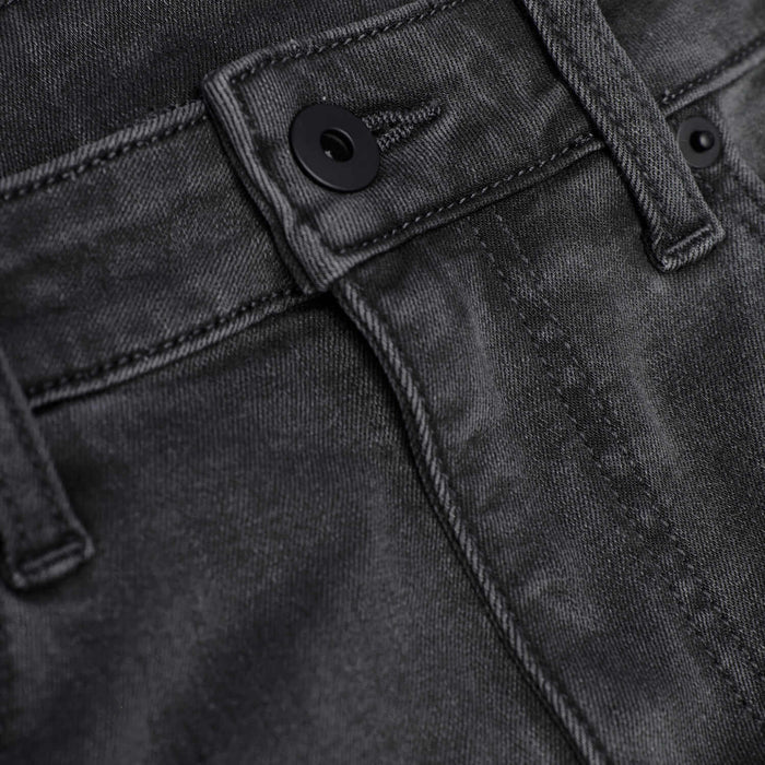 Gray Wash Slim Comfort Stretch Jeans waistband with belt loops and matte-black button.