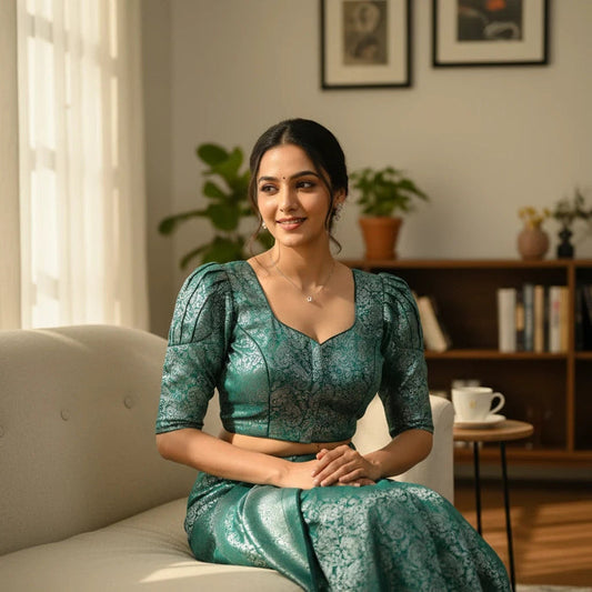 Kurti Connection USA emerald green and silver brocade blouse with puff sleeves and square neckline on a woman
