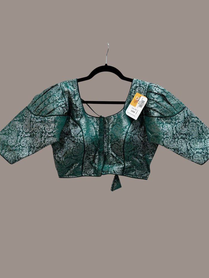 Kurti Connection USA emerald green and silver brocade blouse with square neckline and elegant puff sleeves.