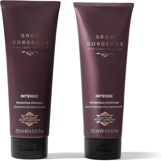 Grow Gorgeous Intense Thickening Shampoo and Conditioner bundle, 250ml each, featuring sleek bottles with labels and product details.