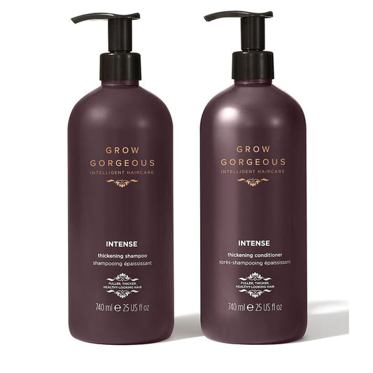 Grow Gorgeous Supersize Thickening Shampoo and Conditioner bundle showing bottles with sleek packaging and product labels.