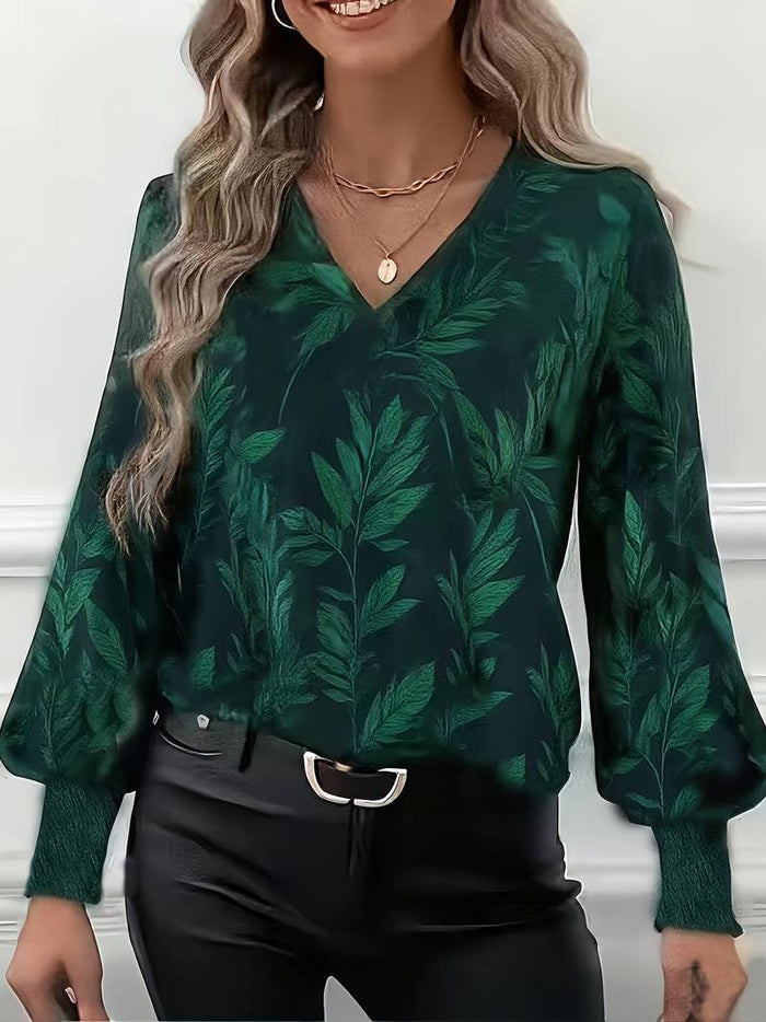 Heliviennea - Blouse Élégante À Manches Longues Imprimé Feuilles