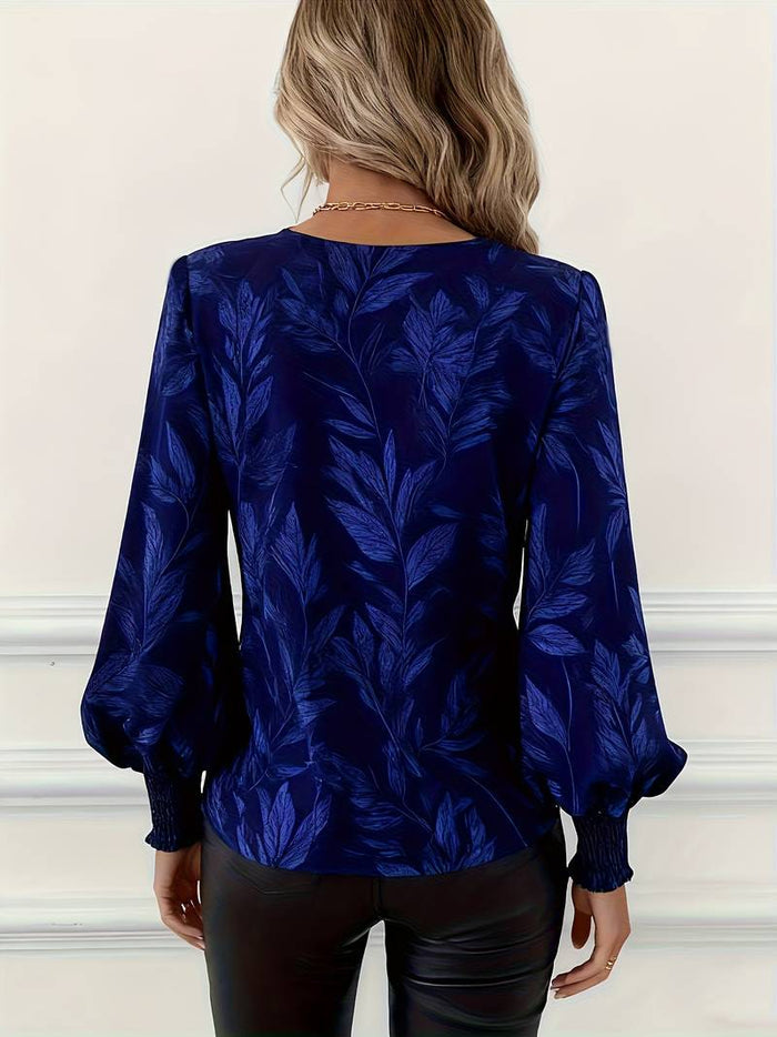 Heliviennea - Blouse Élégante À Manches Longues Imprimé Feuilles