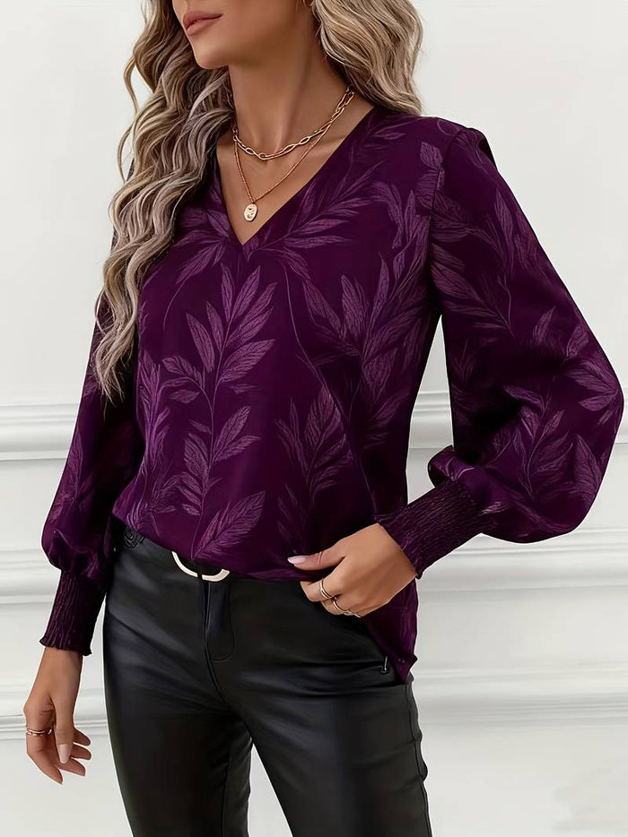 Heliviennea - Blouse Élégante À Manches Longues Imprimé Feuilles