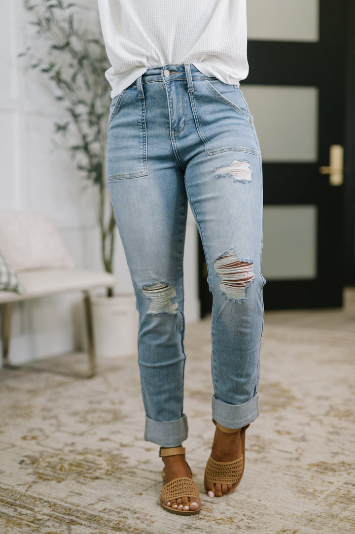 High Rise Patch Pocket Distressed Boyfriend Jeans - Judy Blue