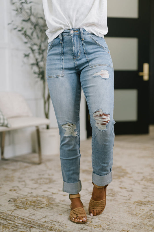 High Rise Patch Pocket Distressed Boyfriend Jeans - Judy Blue