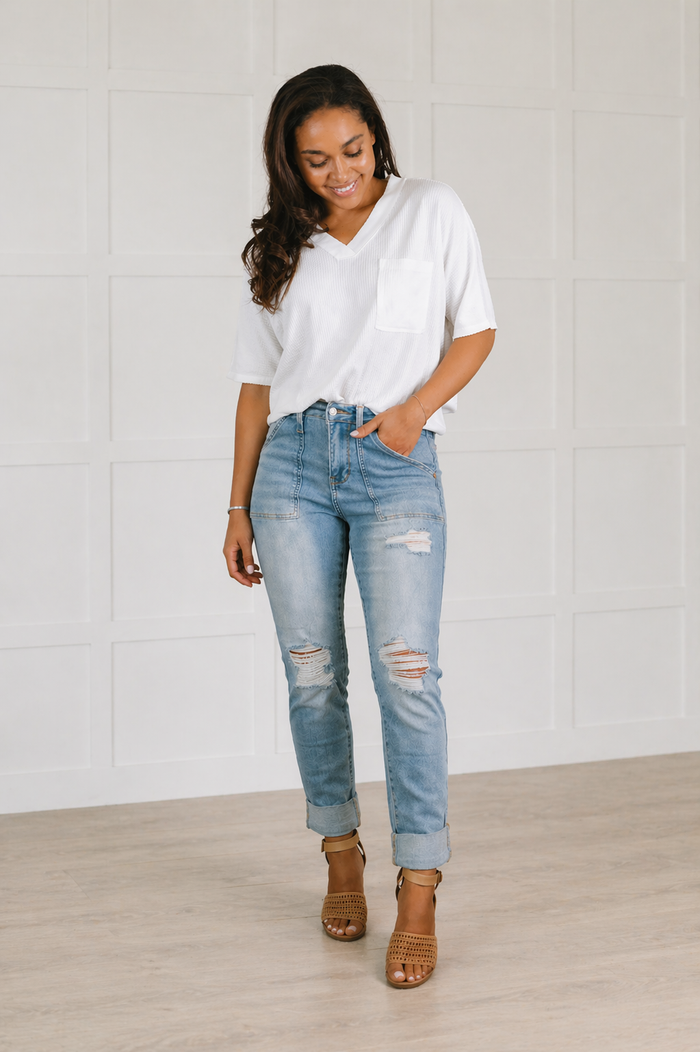 High Rise Patch Pocket Distressed Boyfriend Jeans - Judy Blue