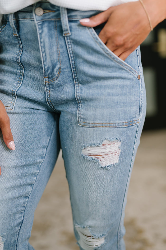 High Rise Patch Pocket Distressed Boyfriend Jeans - Judy Blue