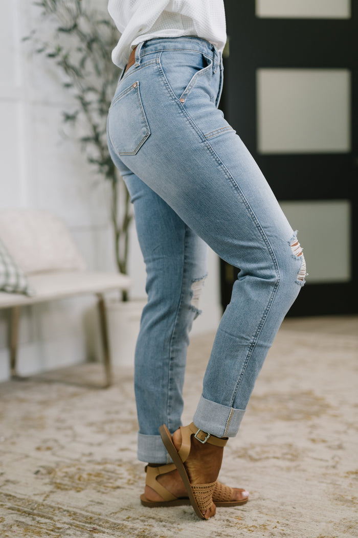 High Rise Patch Pocket Distressed Boyfriend Jeans - Judy Blue