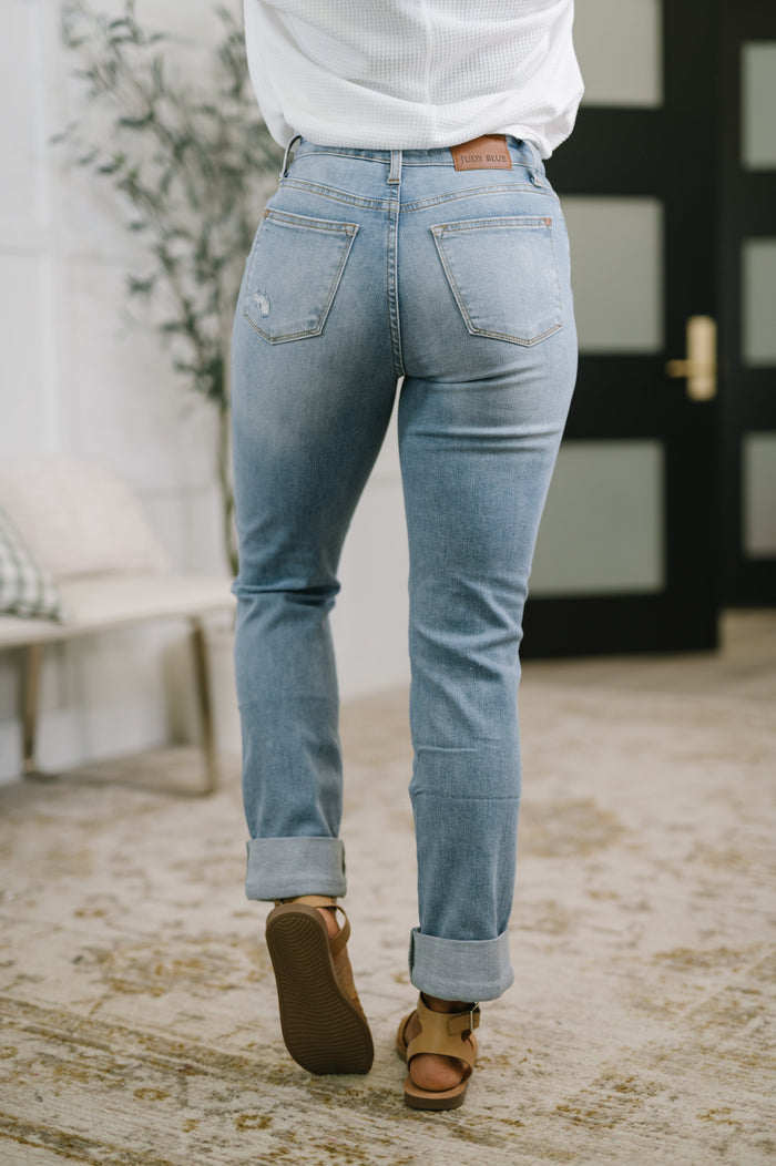 High Rise Patch Pocket Distressed Boyfriend Jeans - Judy Blue