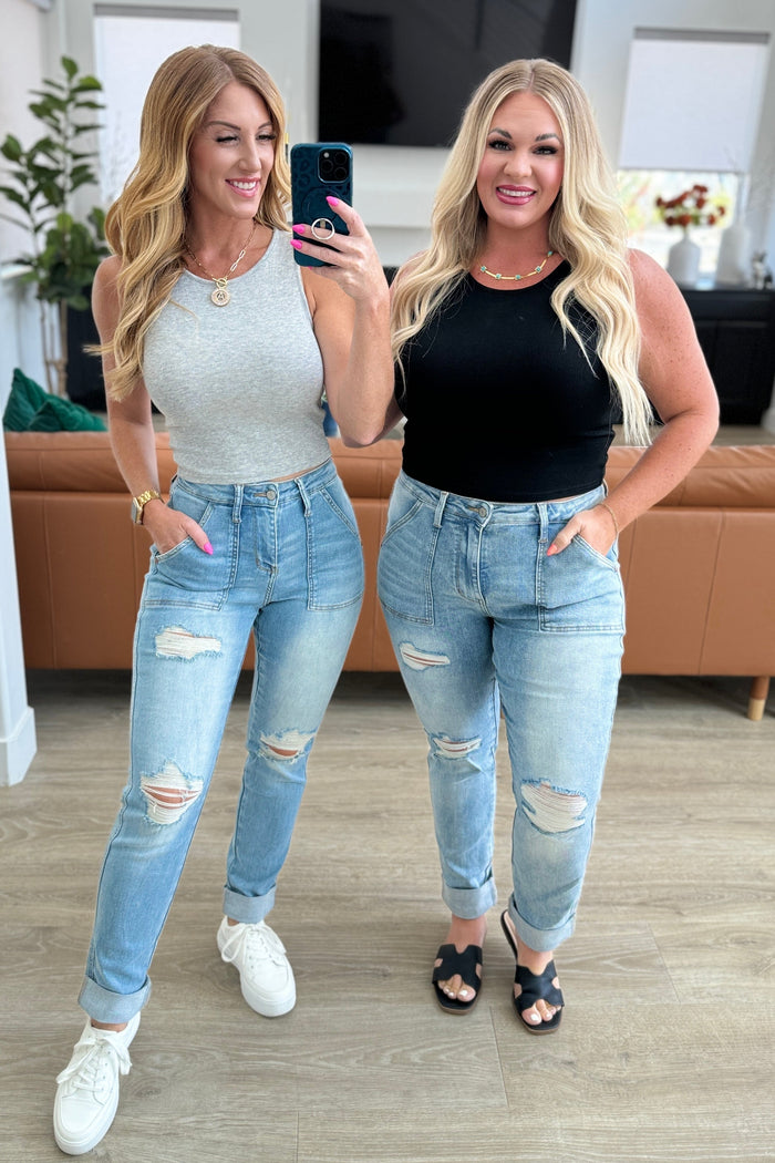 High Rise Patch Pocket Distressed Boyfriend Jeans - Judy Blue