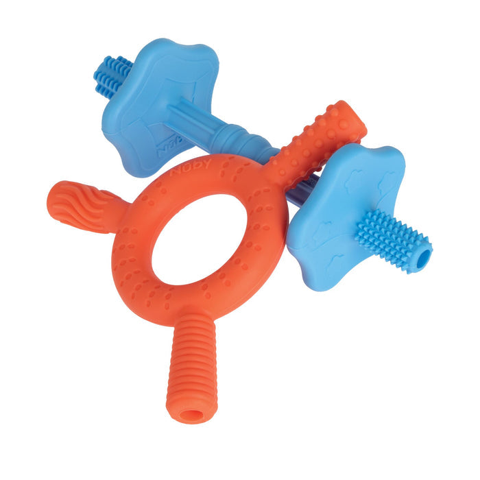 The Nuby Hollow Sensory Tube Teethers in Blue/Coral feature textured handles and rings with raised bumps and ridges, providing teething relief and sensory stimulation as babies chew to soothe their gums.
