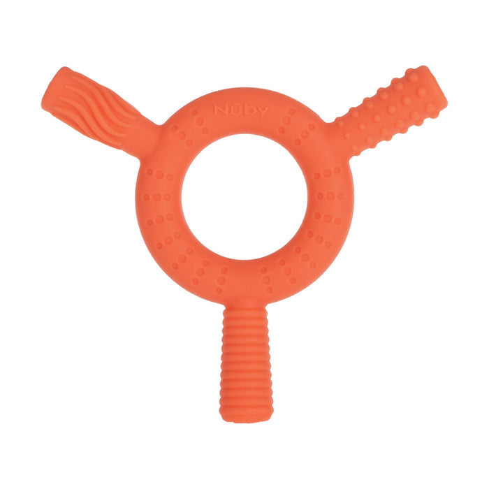 The Nuby Hollow Sensory Tube Teethers in Blue/Coral feature circular handles with varied textures for sensory stimulation and teething relief. The center of the toy has raised dots and is embossed with the Nuby brand name.