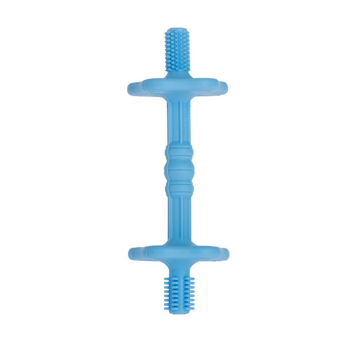 The Nuby Hollow Sensory Tube Teethers in Blue/Coral, shaped like a dumbbell with textured ends and center grip patterns, provide teething relief similar to silicone tube teethers.