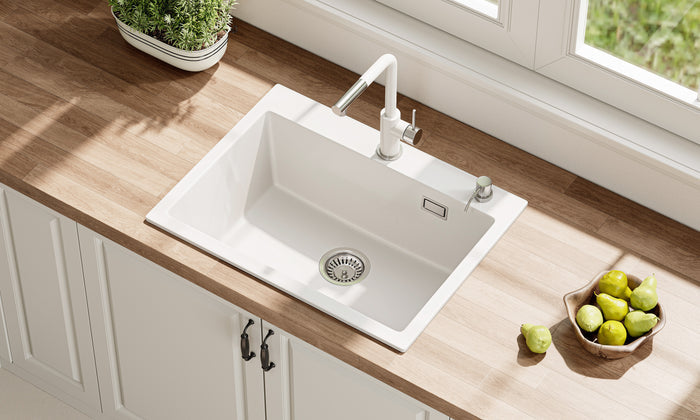 HOROW A09R-S6045W Granitspüle 60 × 45 cm, kratzfest, eckiges Einbauspülbecken09R-S6045W-GE