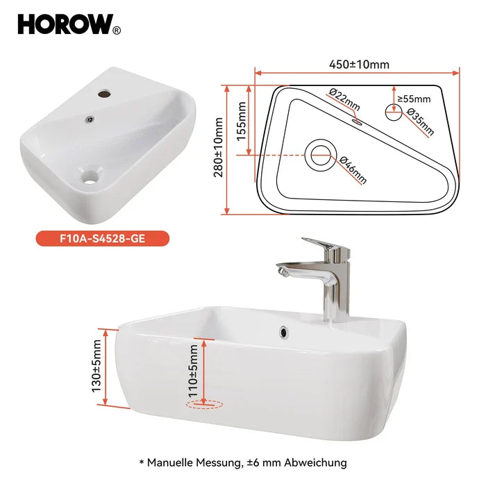 HOROW F10A-S4528 Mini-Handwaschbecken 45 cm, Keramik, Weiß, mit Hahnloch & Überlauf