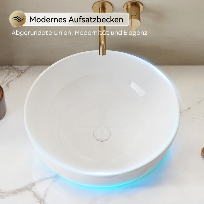 HOROW F11A-S4141 Rundes Aufsatzwaschbecken 40 cm – Weiß, ohne Hahnloch