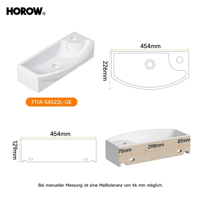 HOROW F11A-S4522L Waschbecken mit Hahnloch & Überlauf, 45 cm Weiße Keramik