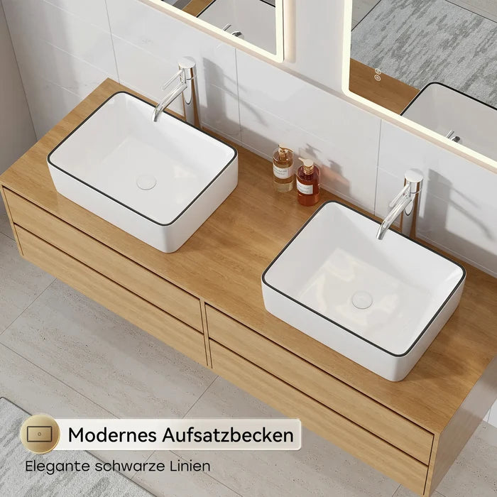 HOROW F11A-S4837B Eckiges Aufsatzwaschbecken 50 cm ohne Hahnloch, Schwarz