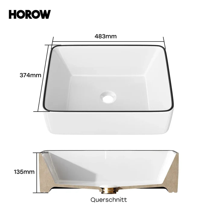 HOROW F11A-S4837B Eckiges Aufsatzwaschbecken 50 cm ohne Hahnloch, Schwarz
