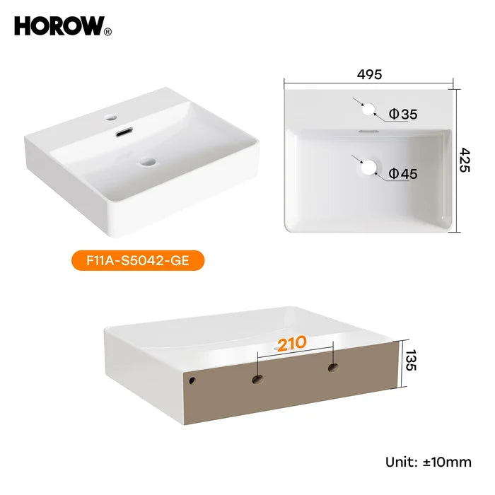 HOROW F11A-S5042 Waschbecken mit Hahnloch & Überlauf, Weiß, 50cm