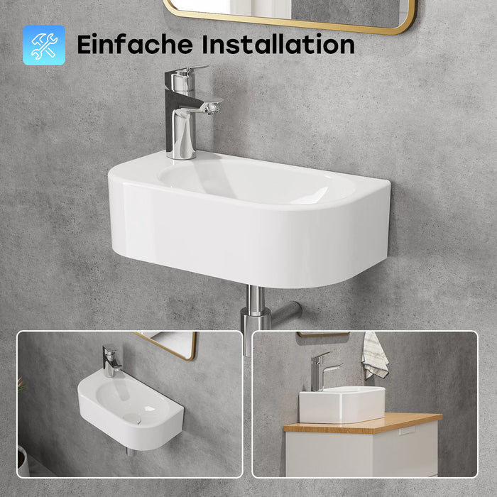 HOROW F11A-W4022 Ovales Handwaschbecken 40 cm, Keramik, Wandmontage, Weiß