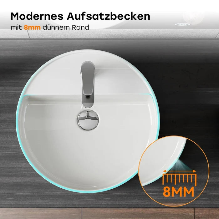 HOROW F12A-R4242 Rundes Aufsatzwaschbecken, 42 cm, Weiß, Hahnloch & Überlauf