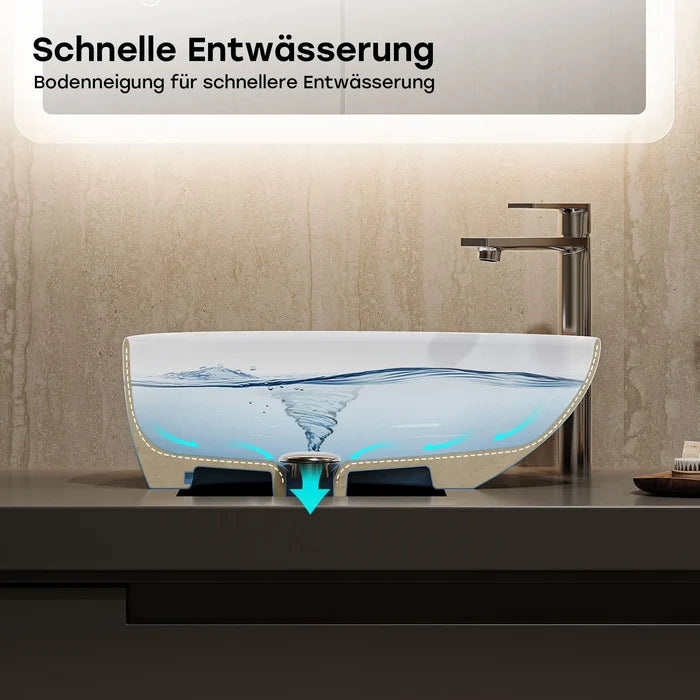 HOROW F12A-T4735  Aufsatzwaschbecken ohne Hahnloch & Überlauf, 47×35 cm Weiß Keramik