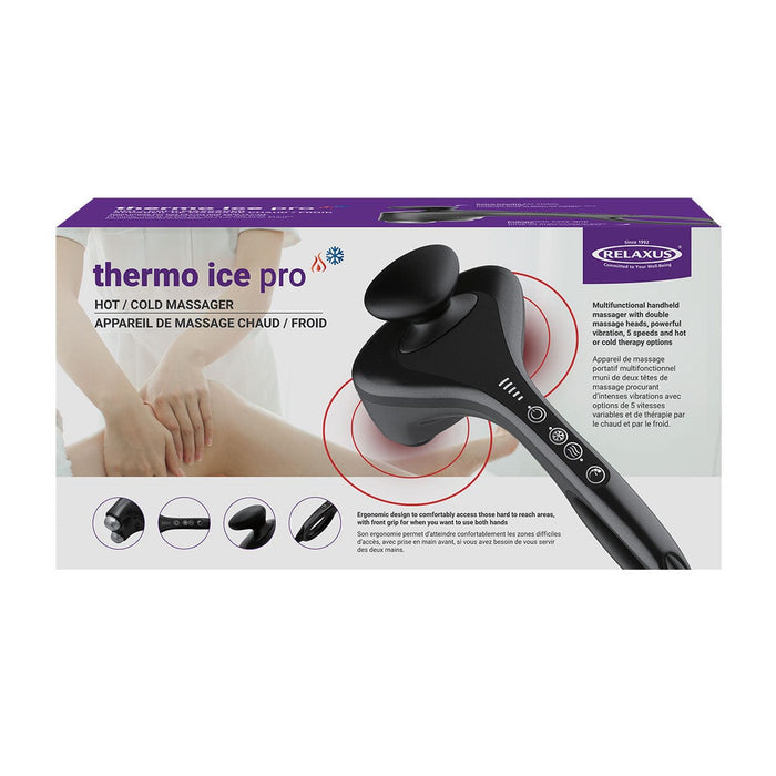 Hot and cold handheld electric massager Handheld massager with dual massage heads Electric massager with heat and cold therapy Ergonomic handheld massager for muscle recovery Digital control hot and cold massage device Home recovery massager with front grip