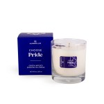 Glass candle with a white wax and a blue label next to a matching blue box, both featuring the text I Choose Pride Candle | Aluminate Life, representing a wellness and self-care product.