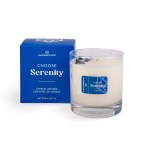 Glass container candle with white wax and blue label beside matching blue box packaging, featuring the product name I Choose Serenity Candle | Aluminate Life in a calming setup.