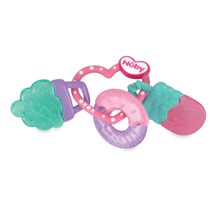The Nuby IcyBite Sweets Teether Toy features a green ice cream, purple donut, and teal-pink popsicle linked by a pink ring with "Nuby" on a heart—perfect for soothing babies’ tender gums and easy for little hands to hold.