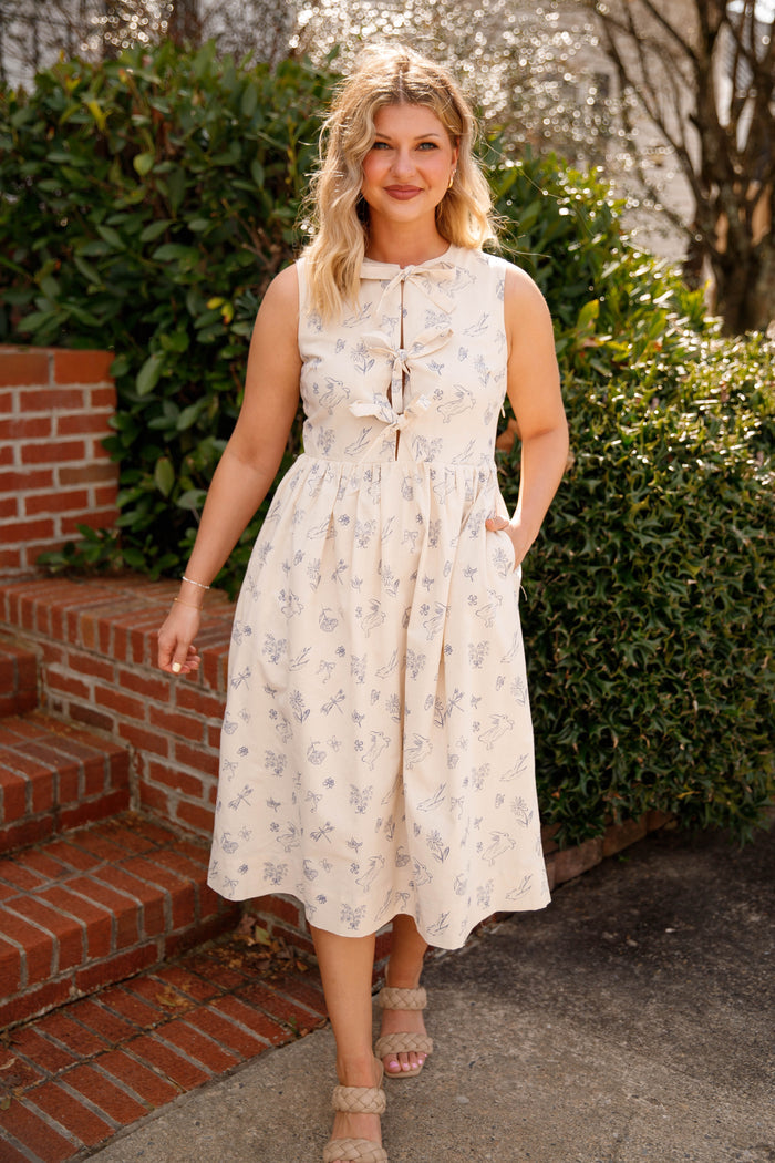 Women's Printed Midi Dress- Bow Tie Front Dress- Aureum Dresses